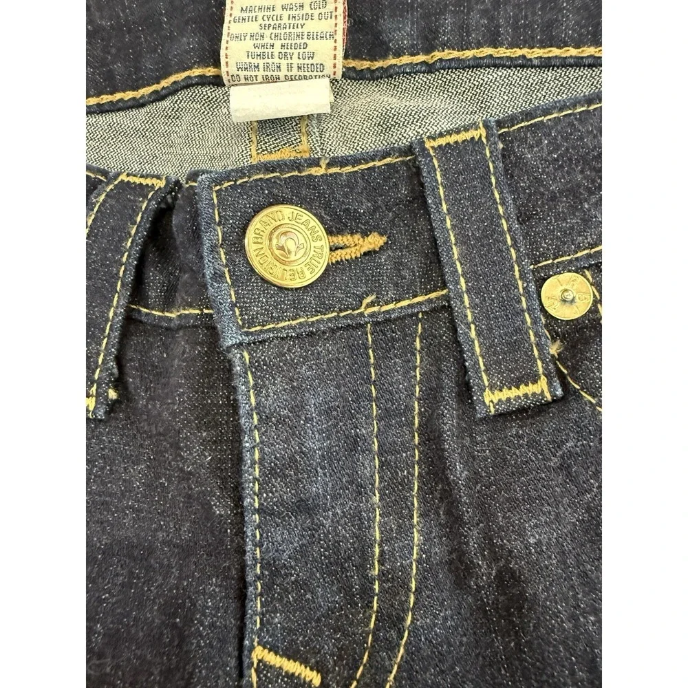 Women's True Religion High-Rise Bootcut Dark Wash Flap Pocket Thick Stitch Sz 32